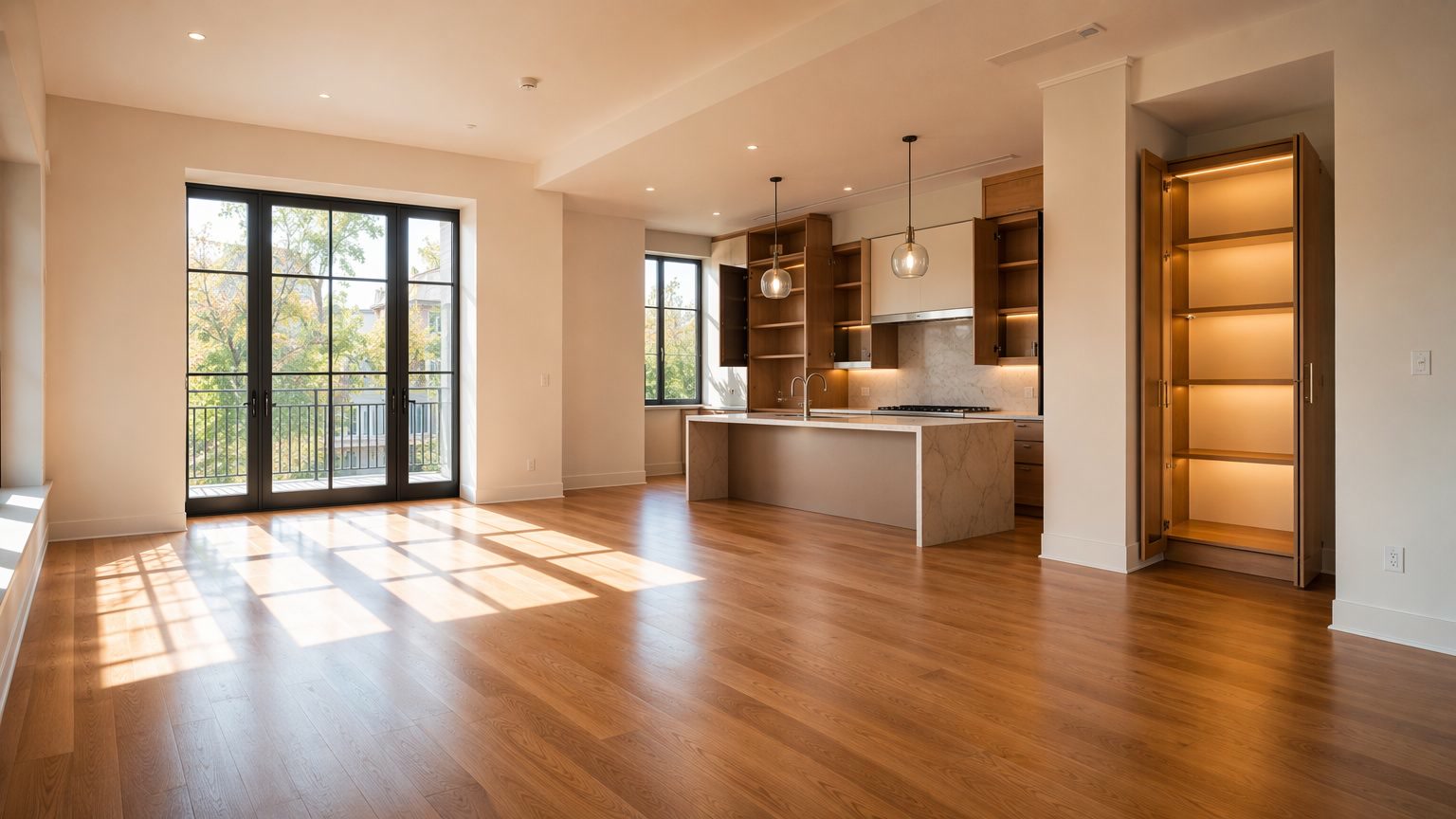Empty, freshly cleaned apartment with hardwood floors ready for move in