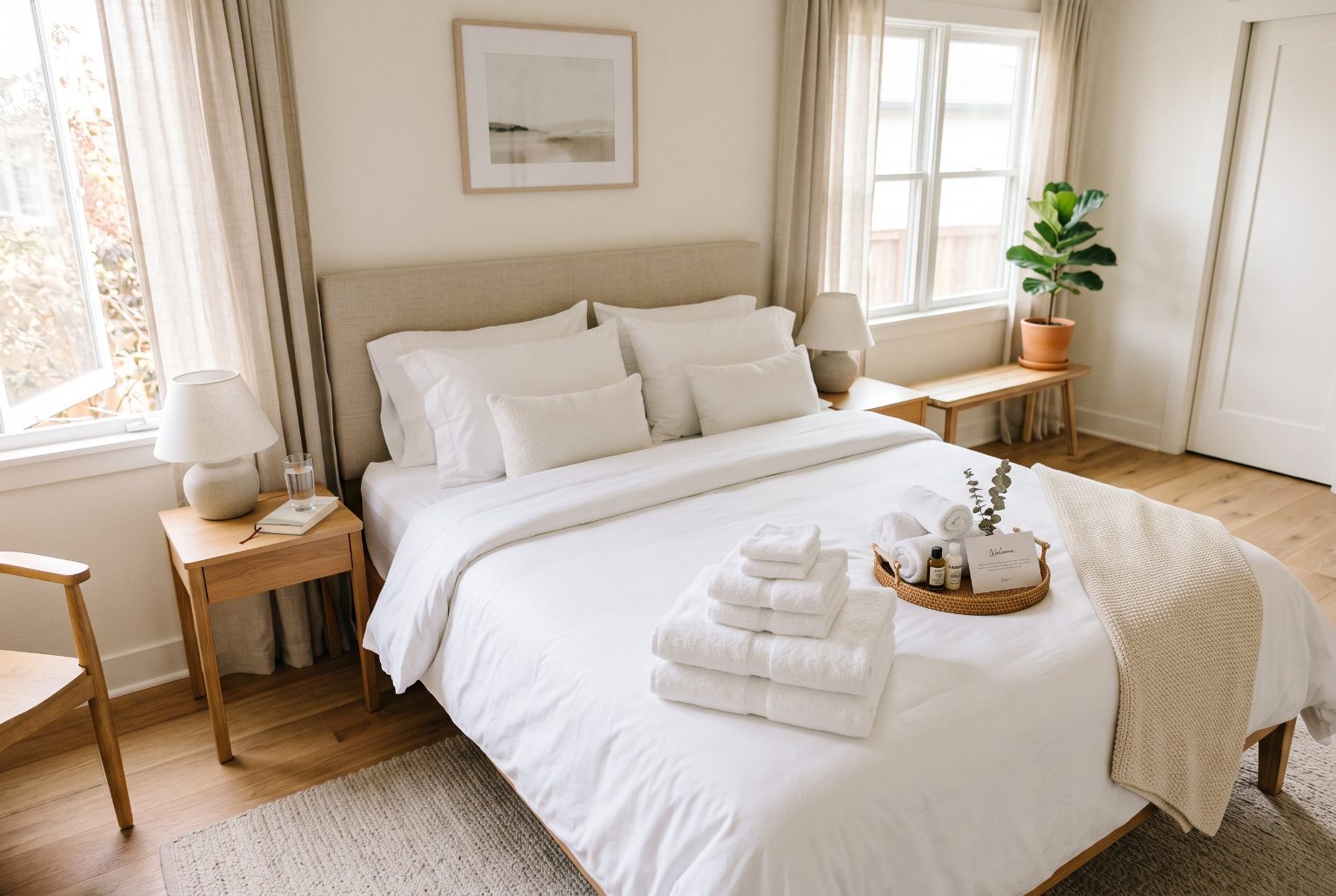 Serene bedroom with fresh white linens in a vacation rental